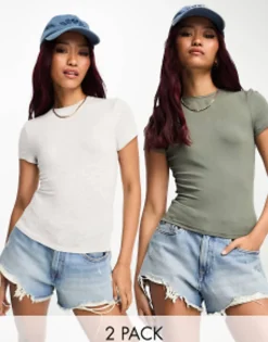 Multipacks*Miss Selfridge Super Soft Short Sleeve Crew Neck T-Shirt 2 Pack In Khaki And Grey Marl