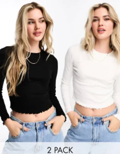 Multipacks*Miss Selfridge Two Pack Rib Crew Neck Top With Long Sleeve In Black And White