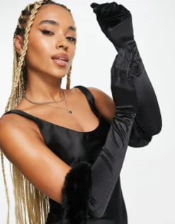 Gloves*My Accessories London Halloween Elbow Length Gloves In With Faux Fur Black