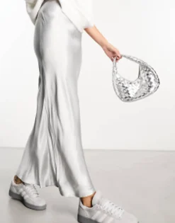 Skirts*New Look Satin Maxi Skirt In Silver