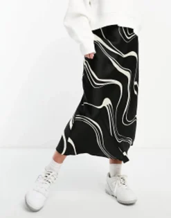 Skirts*New Look Satin Midi Skirt In Wave Print Black