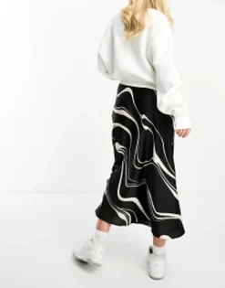 Skirts*New Look Satin Midi Skirt In Wave Print Black