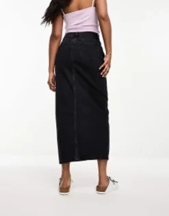 Skirts*New Look Split Front Denim Maxi Skirt In Wash Black