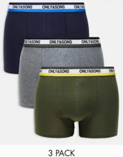 Underwear*ONLY & SONS 3 Pack Trunks With Contrast Waistband In Multi Night Sky