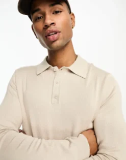 Polo Shirts*ONLY & SONS Longsleeve Knitted Polo In Beige Silver Lining