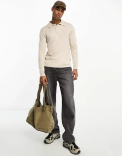 Polo Shirts*ONLY & SONS Longsleeve Knitted Polo In Beige Silver Lining