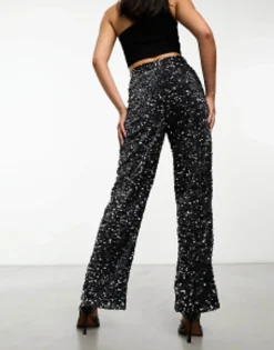 Trousers & Leggings*Pieces Velour & Sequin Wide Leg Trousers In Grey