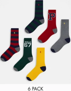 Socks*Polo Ralph Lauren 6 Pack Sport Socks With Pony Logo In Grey Red With Logo Navy
