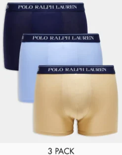 Underwear*Polo Ralph Lauren 3 Pack Trunks In Navy Tan And Blue With Logo Multi