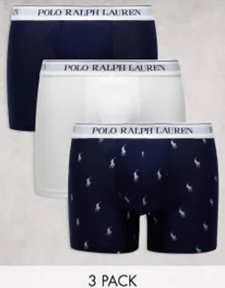 Underwear*Polo Ralph Lauren 3 Pack Trunks In White With All Over Pony Logo Navy