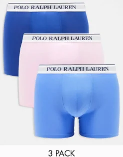 Underwear*Polo Ralph Lauren 3 Pack Trunks In Navy Blue Pink With Logo Waistband Ryl/Blu/Pink