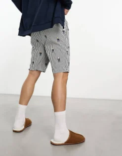 Shorts*Polo Ralph Lauren Lounge Woven Pyjama Shorts In Navy Stripe With All Over Bear Logo Navy Stripe Bear