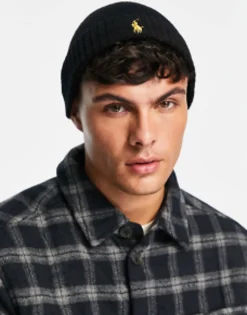 Beanies*Polo Ralph Lauren Merino Wool Beanie In With Gold Logo Black