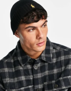 Beanies*Polo Ralph Lauren Merino Wool Beanie In With Gold Logo Black