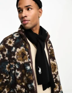 Scarves*Polo Ralph Lauren Ribbed Pima Cotton Scarf In Black With Logo Polo Black/Cream Pp