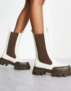 Chelsea Boots*Public Desire Exclusive Kira Calf Length Chelsea Boots With Contrast Sole In Off White