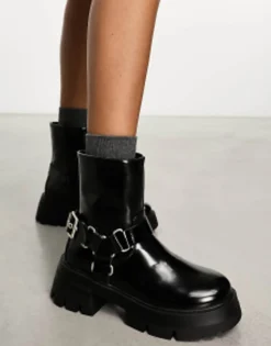 Chelsea Boots*Public Desire Wide Fit Blizzard Harness Biker Boots In Black Black Pu