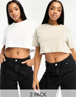 Multipacks*Pull&Bear 2 Pack Boxy Crop T-Shirt In White And Sand
