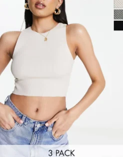 Multipacks*Pull&Bear 3 Pack Ribbed Racer Neck Cropped Top Ecru, Khaki Black