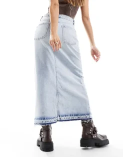 Skirts*Pull&Bear Denim Midi Skirt With Split Front In Bleached Wash Light Blue