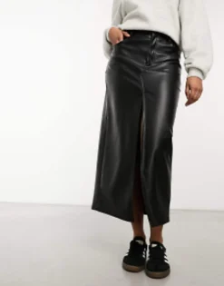 Skirts*Pull&Bear Faux Leather Split Front Midi Skirt In Black