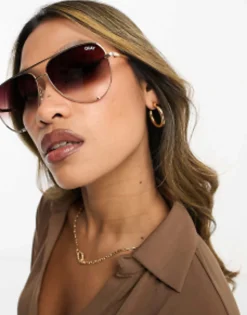 Sunglasses*Quay Australia Quay High Key Aviator Sunglasses In Brown Gold