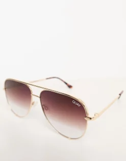 Sunglasses*Quay Australia Quay High Key Aviator Sunglasses In Brown Gold