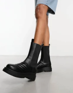 Chelsea Boots*Raid Adalee Stitch Detail Calf Length Boots In Black