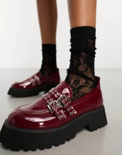 Loafers*Raid Mitali Chunky Loafer With Hardware In Burgandy Burgundy Patent