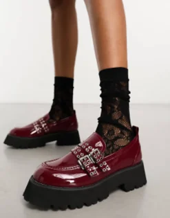 Loafers*Raid Mitali Chunky Loafer With Hardware In Burgandy Burgundy Patent