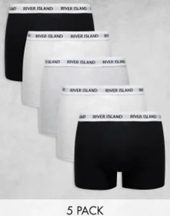 Underwear*River Island 5 Pack Trunks In White And Grey