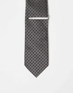 Ties*River Island Geo Tie And Clip Set In Brown