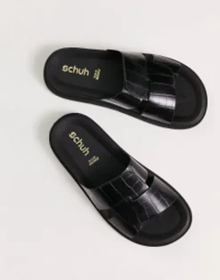 Flat Sandals*Schuh Tally Cross Strap Flat Sandals In Black Croc