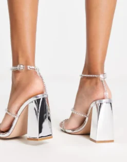 Sandals*SIMMI Shoes Simmi London Inez Block Heel Embellished Sandals In Silver Silver Mirror