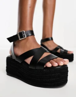 Flat Sandals*Simply Be Wide Fit Espadrille Flatforms In Black Stone