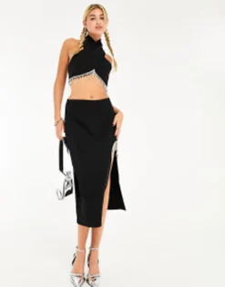 Skirts*Something New X Lame. Cobain Diamante Halterneck Crop Top And Midi Skirt Co-Ord