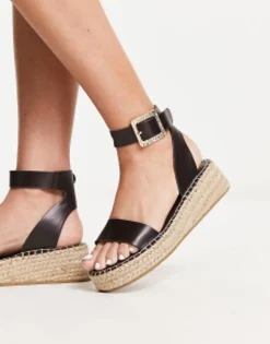 Flat Sandals*South Beach Pu Two Part Espadrille Sandal With Textured Buckle In Chocolate