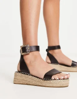 Flat Sandals*South Beach Pu Two Part Espadrille Sandal With Textured Buckle In Chocolate