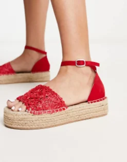 Flat Sandals*South Beach Woven Flatform Espadrille Sandal In Red