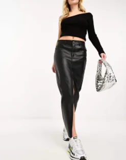 Skirts*Stradivarius Coated Denim Midi Skirt In Black
