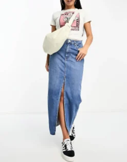 Skirts*Stradivarius Denim Midi Skirt With Front Split In Midwash Blue