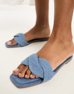 Flat Sandals*Stradivarius Denim Twist Strap Sandal In Mid Blue Medium Blue