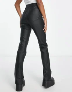 Petite*Stradivarius Petite Coated Flare Jean With Split Hem Detail In Black