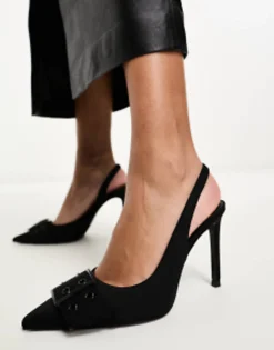 Sandals*Stradivarius Pointed Toe Buckle Detail Sling Kitten Heel In Black