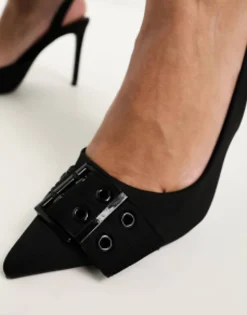 Sandals*Stradivarius Pointed Toe Buckle Detail Sling Kitten Heel In Black