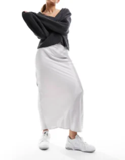 Skirts*Stradivarius Satin Midi Slip Skirt In Silver