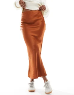 Skirts*Stradivarius Satin Midi Slip Skirt In Caramel
