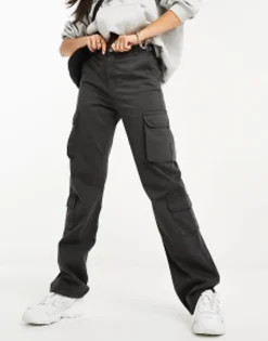 Trousers & Leggings*Stradivarius Straight Leg Cargo Trouser With Adjustable Waist In Charcoal