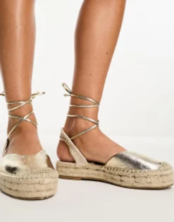 Flat Sandals*Stradivarius Strap Detail Espadrilles In Metallic Gold