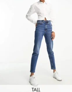 Tall*Stradivarius Tall Slim Mom Jean With Stretch In Authentic Blue Mid Blue